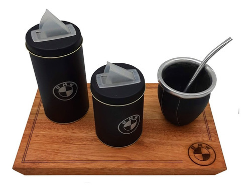 Set Matero Latas Mate Con Bombilla Base Madera Bmw P/papa