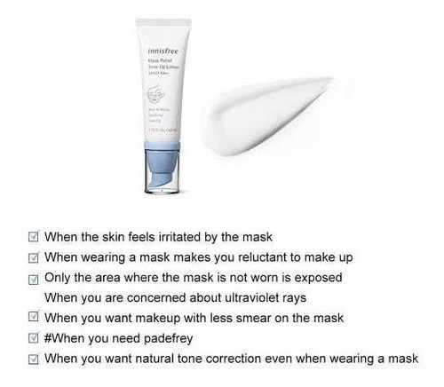 Imagen 2 de 6 de Innisfree Mask Relief Tone Up Lotion Spf27 Pa++ 40ml + Gift