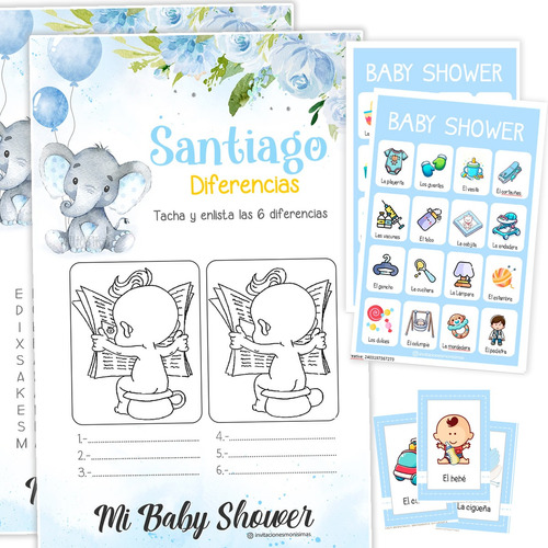 Juegos Baby Shower Elefante Azul Personalizado Imprimible