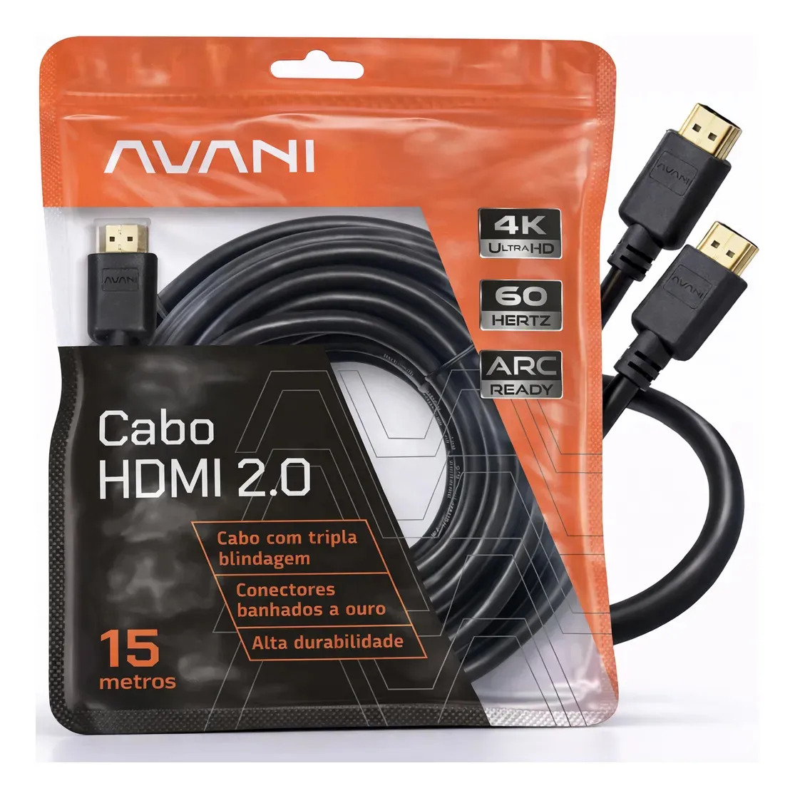 Cabo HDMI 15m Reforçado Tripla Blindagem Alta Durabilidade Versão 2.0 4K Ultra HD HDR ARC CEC Ethernet Conector Banhado a Ouro 15 metros