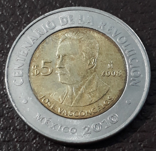 Moneda México $5 José Vascocelos 2008. Centenario Revolución (Usado)