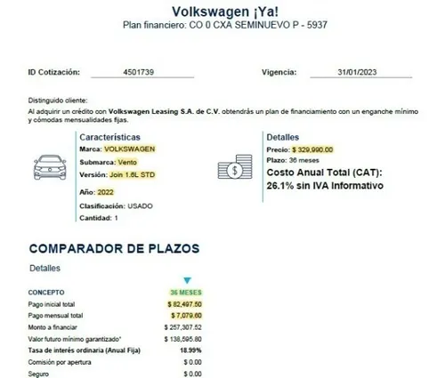 Volkswagen Vento unirse estándar leasing sa de cv