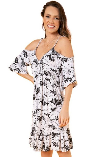 Vestido Ciganinha Curto Estampado Folhagem Soltinho Feminino