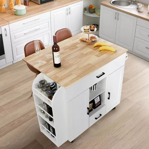  Isla de cocina con ruedas – Isla de cocina móvil con parte  superior de madera maciza y ruedas de bloqueo, carritos de cocina rodantes  sobre ruedas con almacenamiento, color blanco 