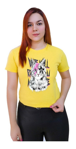 Polera Dama Estampada 100%algodón Diseño Gatito Rockero 427