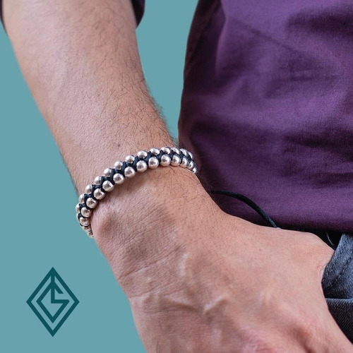 Imagen 7 de 10 de Pulsera Plata 925 Hombre Tejida Hilo Y Bolita De 6mm Agálea