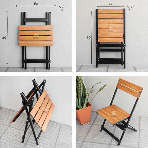 Imagen 5 de 10 de Mesa Plegable Chica 60x50 + 2 Sillas Aluminio Negro Y Madera