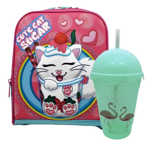 Kit Lancheira Infantil Escolar Gatinho Relevo Copo Twister