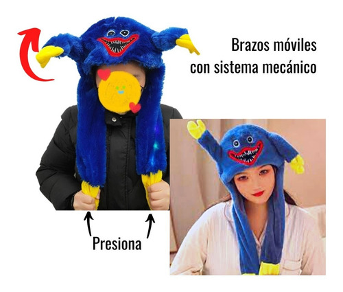 Imagen 6 de 9 de Poppy Playtime Gorro Peluche Huggy Kissy Brazos Móvil Luces