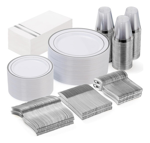 Gather 350 Platos De Plastico Blanco Y Plateado Con Cubierto