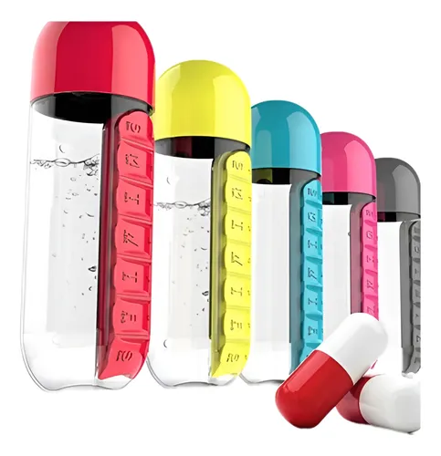 Botella De Agua 600ml + Pastillero Organizador De Pastillas