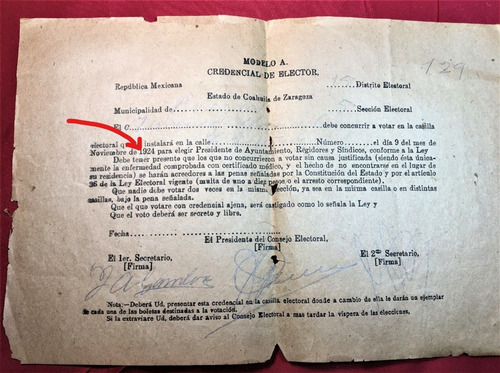 Documento Antiguo 1924 Credencial De Elector Ine  :-o