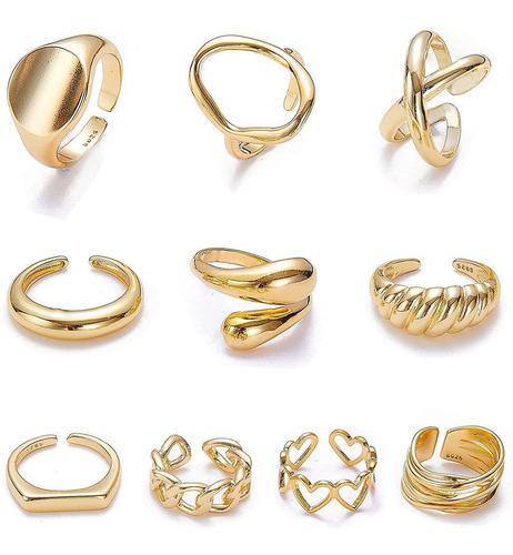 10 Anillos Ajustables Para Mujer Enchapados En Oro De 18 K