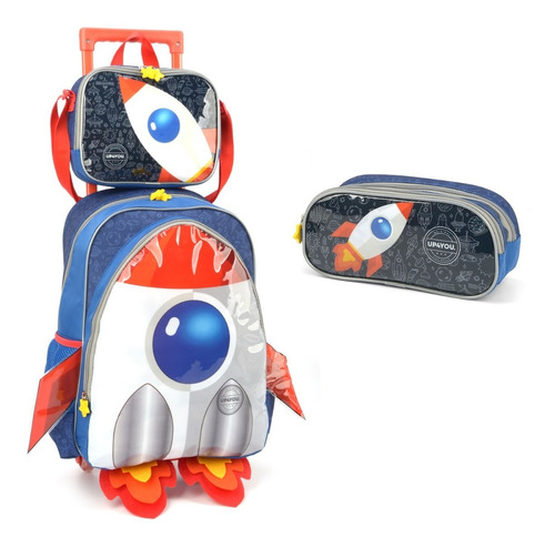 Kit Escolar Infantil Mochila Com Rodinhas Foguete Astronauta