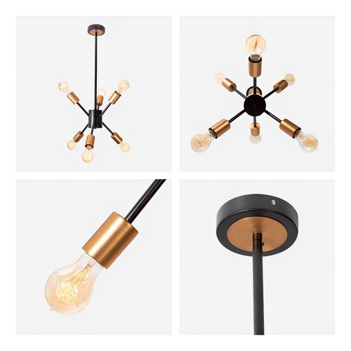 Lámpara Colgante Negro Y Bronce 6 Luces E27 40w Color Negro Mate y Cobre
