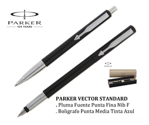 Parker Vector Set Pluma Fuente Boligrafo Negro Acero Inoxi