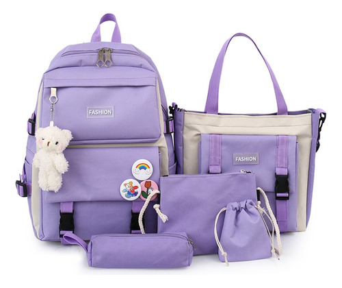 Set 5 Mochila Bolsas Escolar Estudiante Lapicera Tote Lona Color Violeta