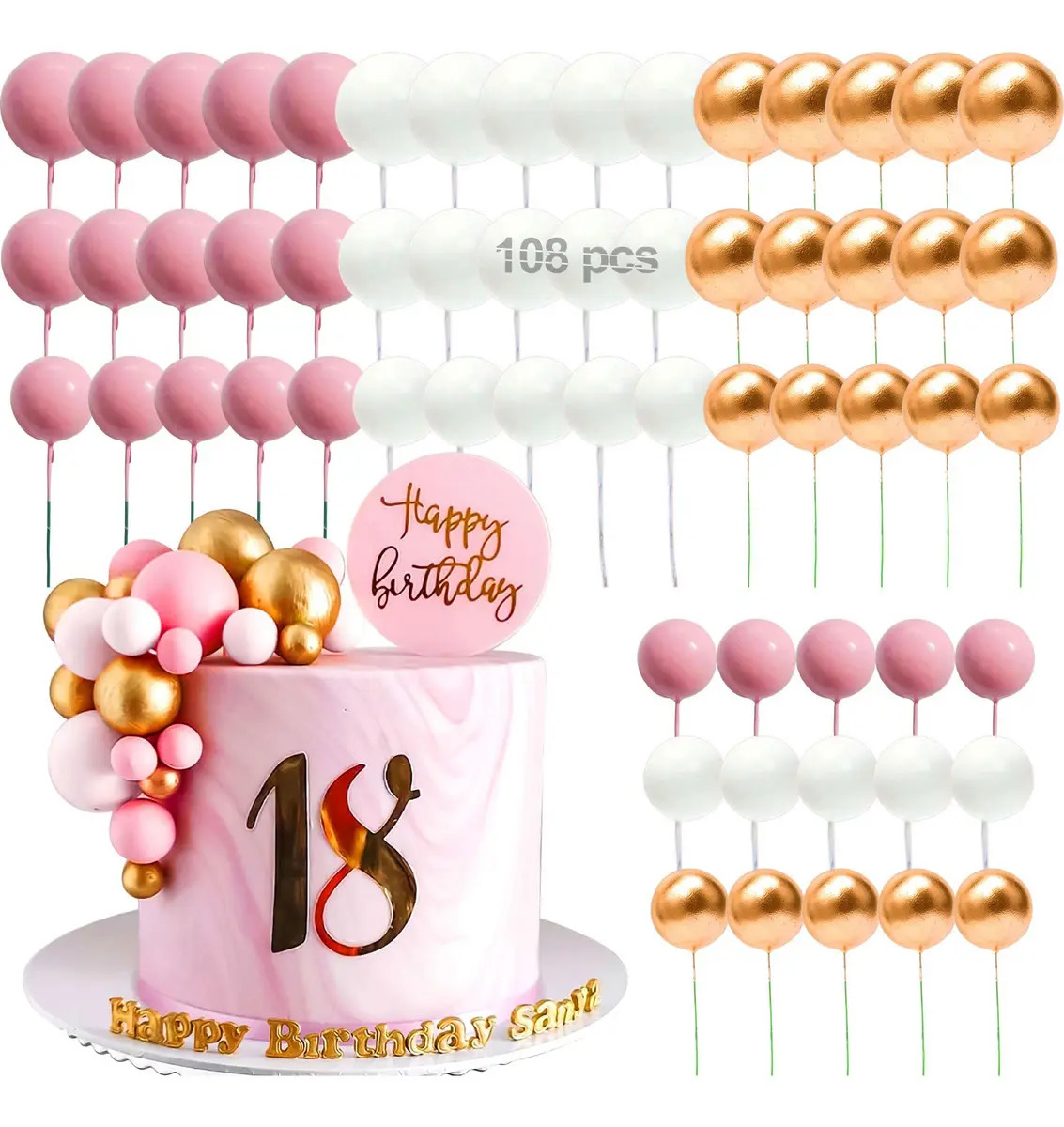 Decoracion Para Pastel Cake Topper Cumpleaños Fiesta 108pzs Color Rosa
