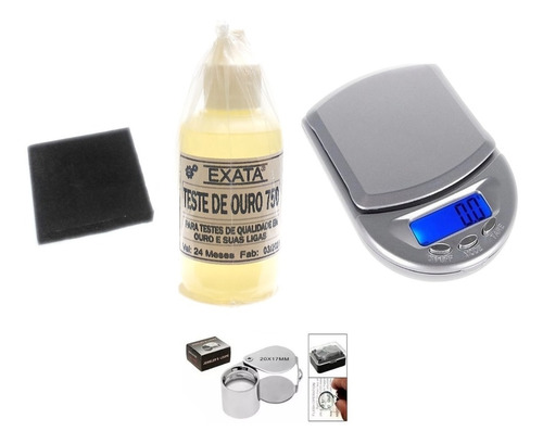 Kit Teste Ouro - Pedra Peq + Ácido 18k + Pocket 500g + Lupa