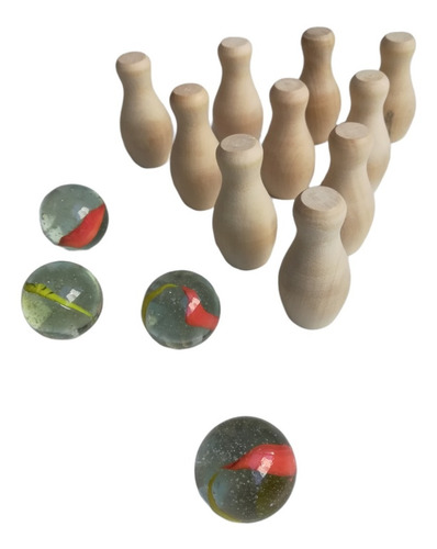 Imagen 1 de 10 de Minibowling Bolos 10 Pinos Y 4 Bolas 24mm Canica Caja Madera