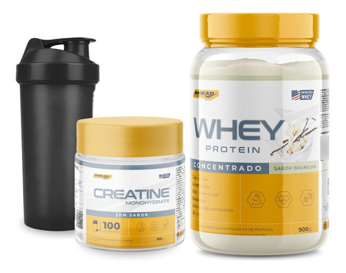 Kit Whey Protein 900g + Creatina 100% Pura + Shaker