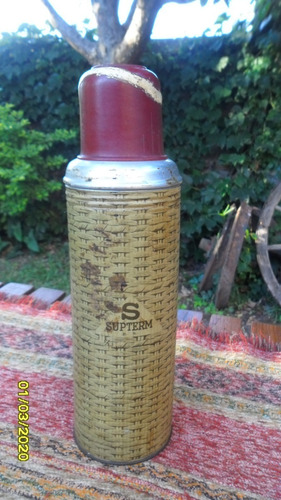 Antiguo Termo En Aluminio 3/4 Litro, Simil Mimbre