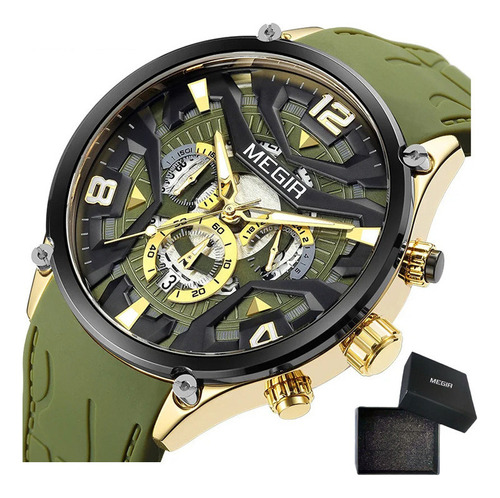 Relógio de silicone de quartzo luminoso Megir Chronograph com fundo dourado verde