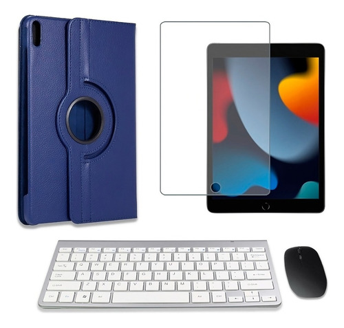 Teclado E Mouse + Película E Capa Giratória Para iPad 9 Cor Azul