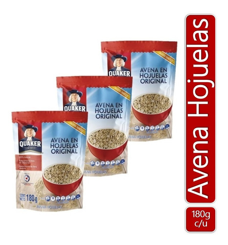 Imagen 1 de 2 de Avena Quaker En Hojuelas Original 180 Gr X3 Uds