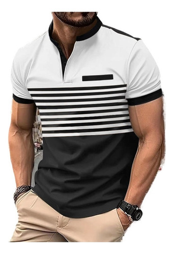 Camisa Casual De Manga Corta A Rayas Con Cuello En V Y Boton