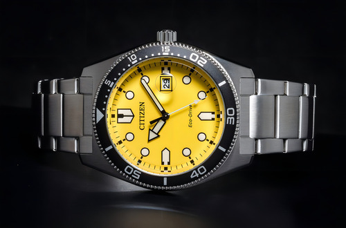 Reloj Citizen AW176081z Eco-drive Sports para hombre, 43 mm, correa, color plateado y bisel, color negro, color de fondo amarillo