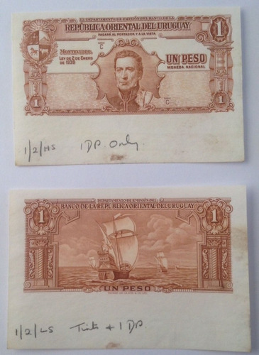 [sc] Billetes Uruguay Pruebas Anverso Y Reverso 1 Peso 1939