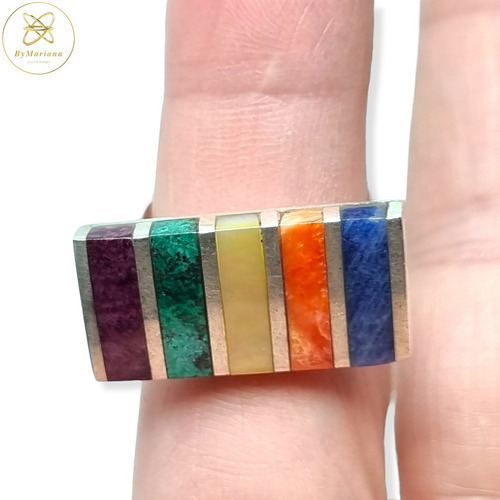 Imagen 3 de 7 de Anillo Plata Peruana Rectangular Colores