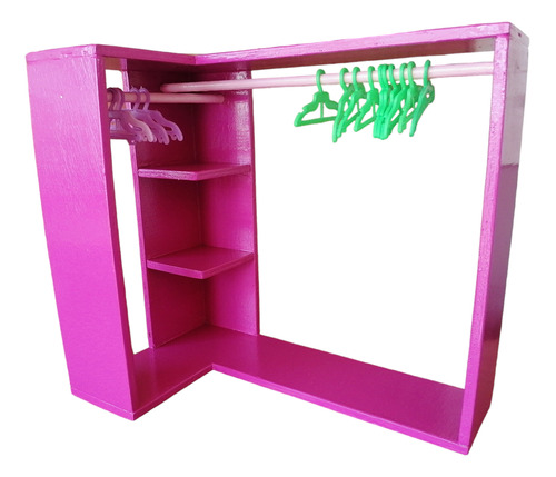 Closet Tipo L De Madera Fushia + 15 Ganchitos Para  Muñecas