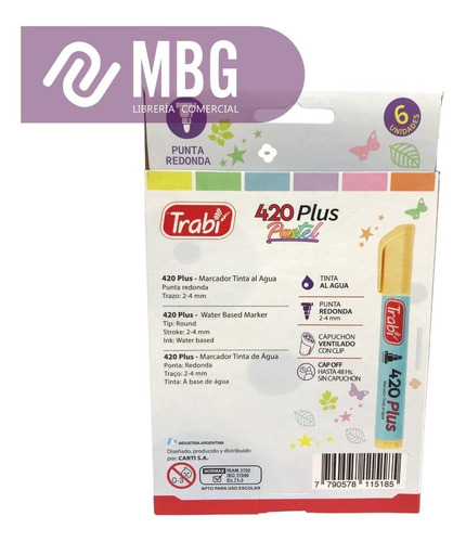 Imagen 3 de 6 de Marcador Trabi 420 Al Agua Por 6 Colores Pastel
