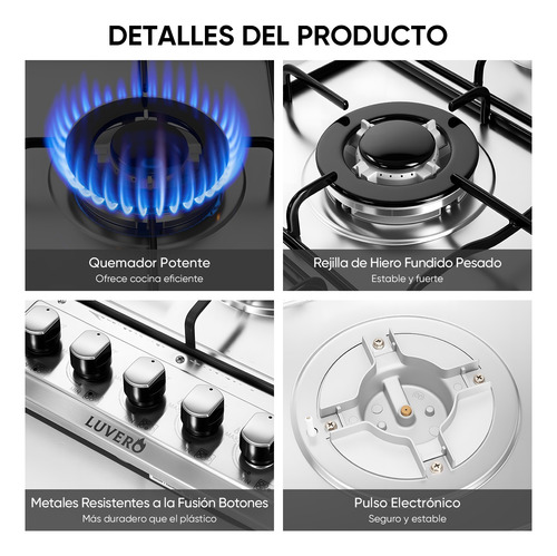 Parrilla Estufa Empotrable 5 Quemadores Gas Acero Inoxidable Plateado