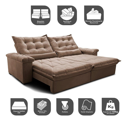 Sofá Retrátil 2,95m Cama Inbox Big Fresh. Com Softgel d40 Cor Castor
