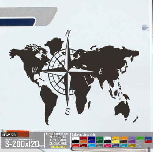 Vinilo Decorativo Mapa Mundial Con Brujula