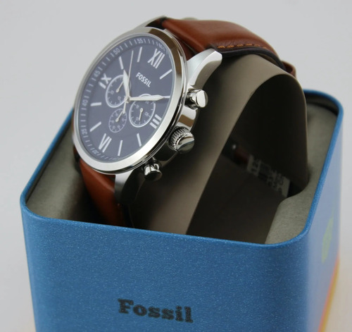Reloj Para Hombre Marca Fossil Cuero Autentico Navy Y Plata