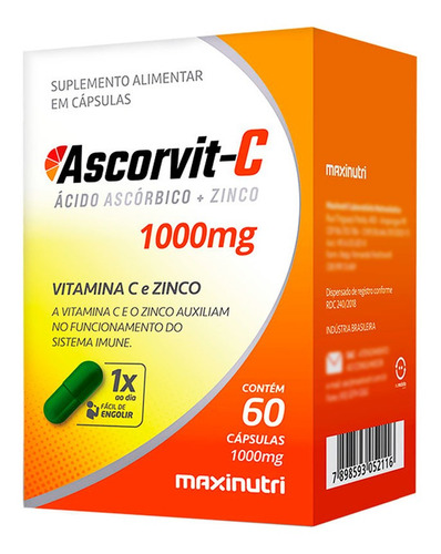 4 Potes Vitamina C 1000mg + Zinco Ascorvit-c Com 60 Cápsulas
