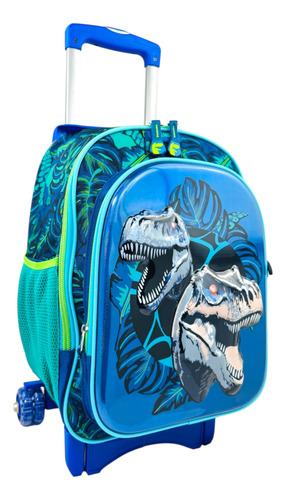 Mochila Rueditas Carrito Dinosaurios Jurassic T-rex Primaria Azul Dinosaurios