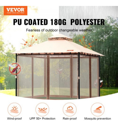 Gazebo De Patio Para 6-8 Personas 10x10 Pies Con Mosquitero Caqui