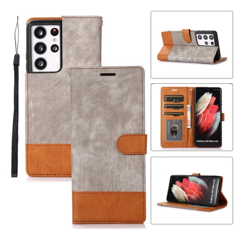 Funda De Piel Gris Empalmada Para Samsung Galaxy S21 Ultra 5