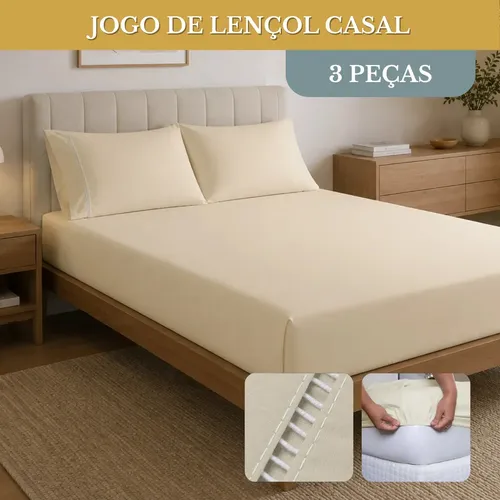 Jogo de Lençol Casal 3 Peças 400 Fios Micropercal Bege Elástico 30cm (4 cores)