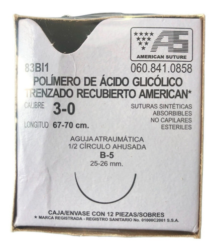 Hilo Sutura Acido Glicolico Apg 3-0 67cm 1/2 Circulo America