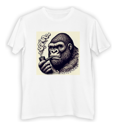 Remera Hombre Gorila Fumando Pipa Mirando Serio Retro