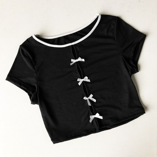 Remera Corta Crop Top Pupera Moños Coquette Basica