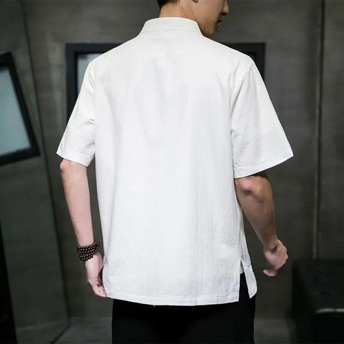 Camisa De Algodón Y Lino Camisa De Cuello Alto Para Hombre