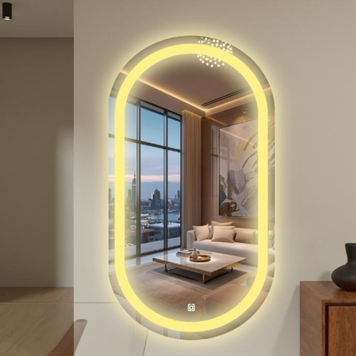 Espelho Oval Jateado Lapidado 50x70cm Touch Led Sensor Luxo