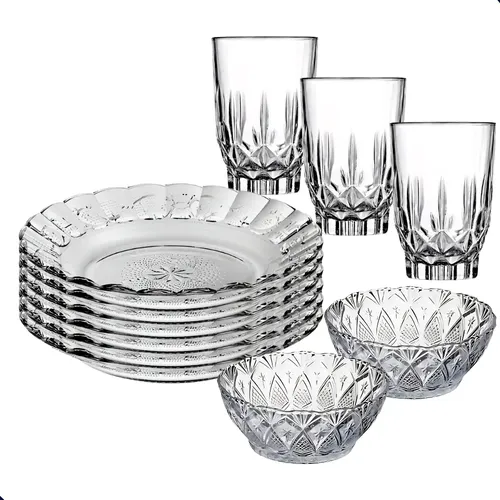 Aparelho De Jantar 18 Peças - Pratos + Copos + Tigelas Transparente